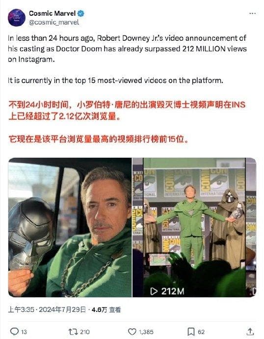小罗伯特·唐尼回归漫威宇宙的新闻，自公布到现在刷屏已超过24小时…