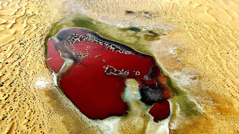 阿拉善腾格里沙漠现红色盐湖，形似“地球心脏”