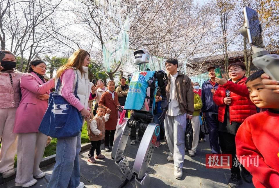 堤角公园樱花树下，机器人跳起舞来！市民直呼：太酷了！
