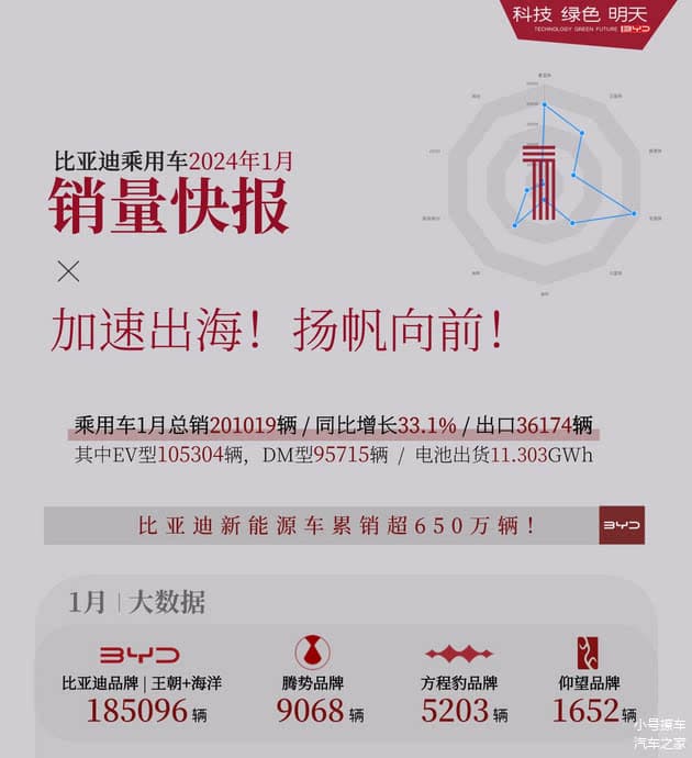 海鸥一马当先 2024年1月比亚迪车型详细销量公布 仰望U8持续破千