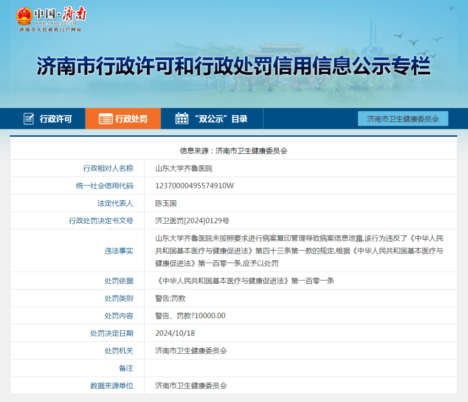 山东大学齐鲁医院被罚！病案复印管理不善导致病案信息泄露、未按规填写病历资料