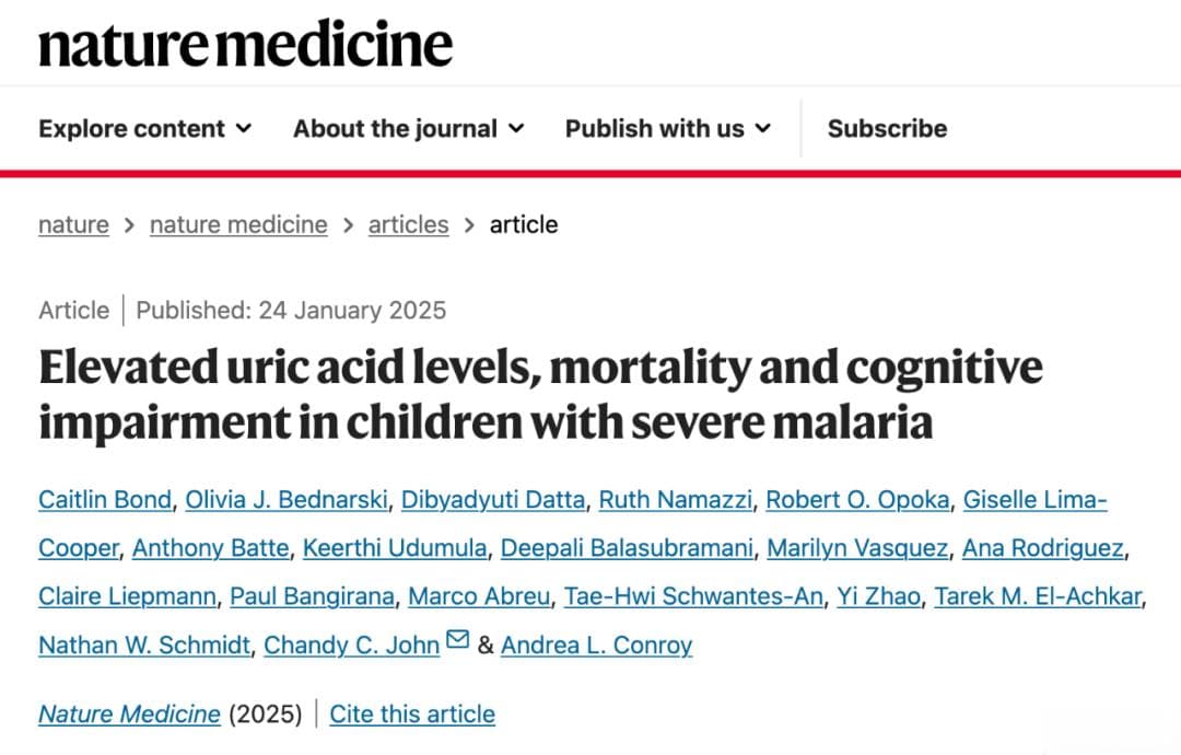 Nature Medicine：尿酸——重症疟疾治疗中的“暗线”还是“推手”？