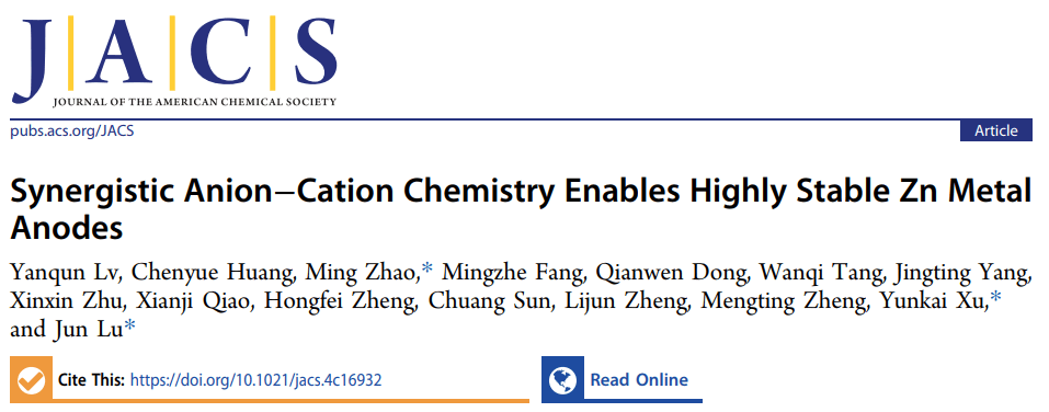 浙大陆俊团队最新JACS：揭示水系锌电池界面阴-阳离子化学奥妙！