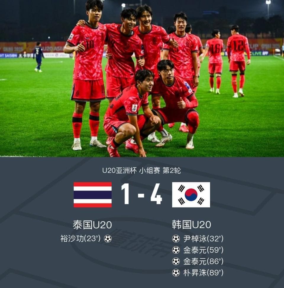 U20亚洲杯：韩国4-1逆转泰国二连胜提前出线，金泰元双响