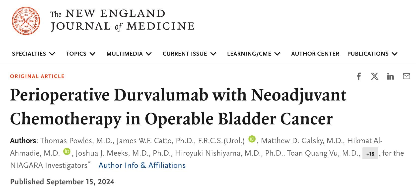NEJM：度伐利尤单抗新辅助能显著提高膀胱癌患者无事件生存