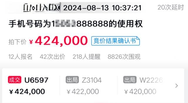尾号888888手机号拍卖出42.4万！竞买者称“捡了大便宜”