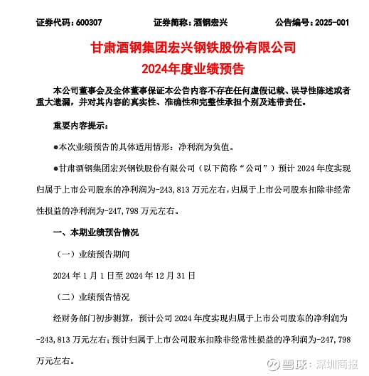 酒钢宏兴发布2024年度业绩预告：预计亏损24.38亿元
