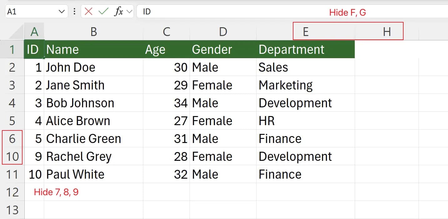 如何在 Excel 中隐藏和显示行和列