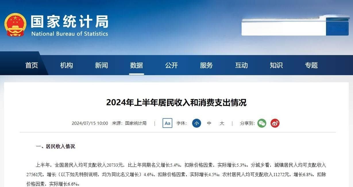 2024年上半年31省人均可支配收入出炉