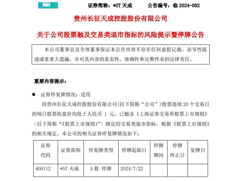 又一家！*ST天成将退市