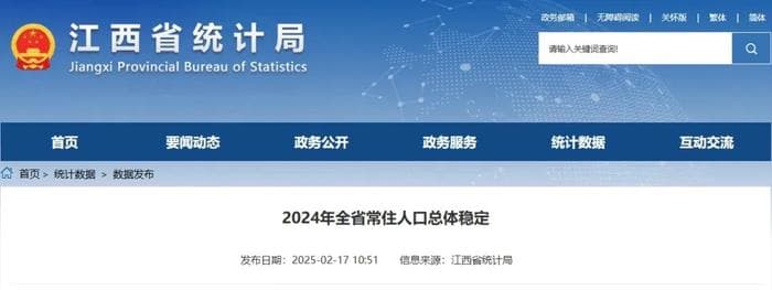 最新数据！2024年江西省常住人口4502.01万人