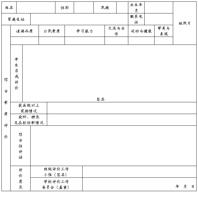 陕西省初中生综合素质评价报告单及实施办法