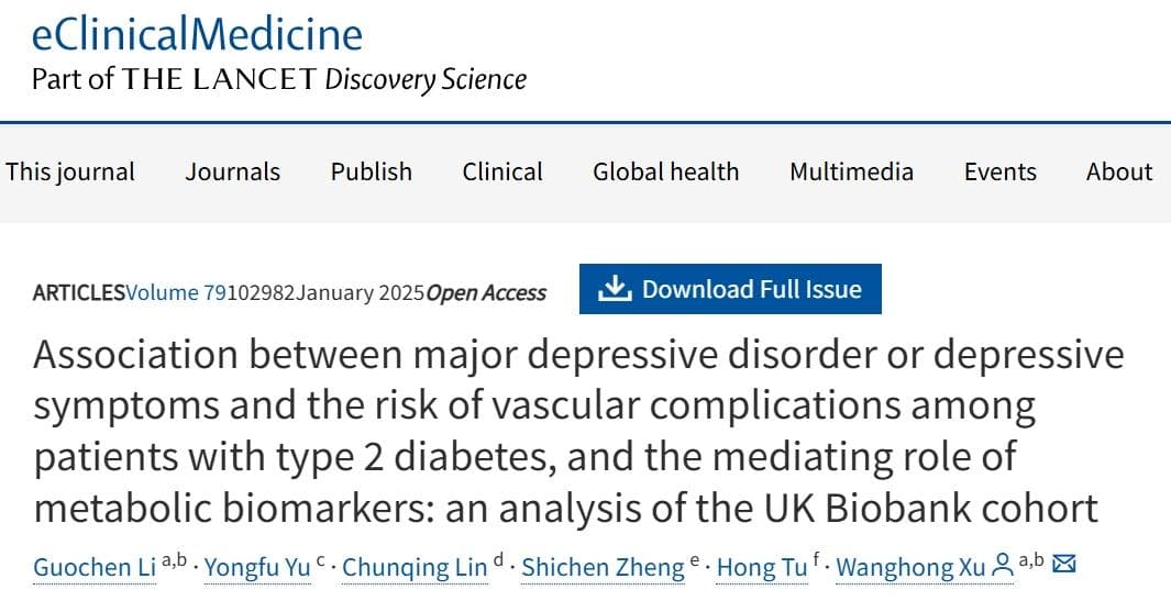 复旦大学徐望红团队：抑郁与糖尿病，双重打击下的血管健康危机