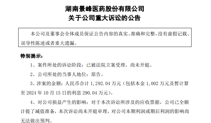 背靠石药的景峰医药，霸气起诉工商银行