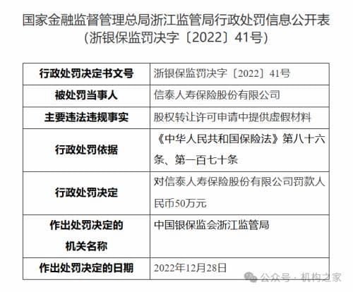 信泰人寿遭监管重锤！原董事长终身禁业，7家原股东被公示惩戒
