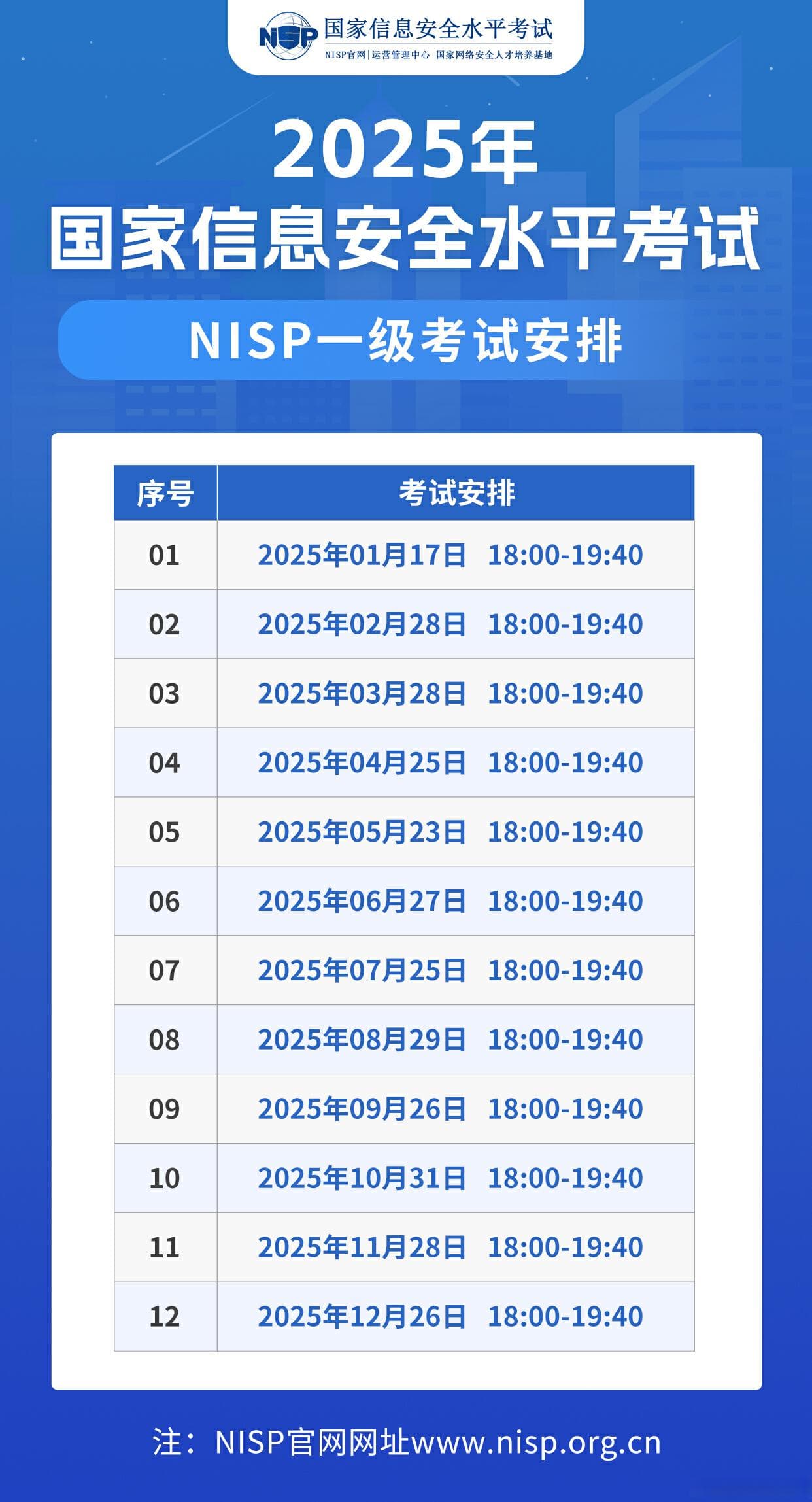 NISP一级证书2025年考试安排！