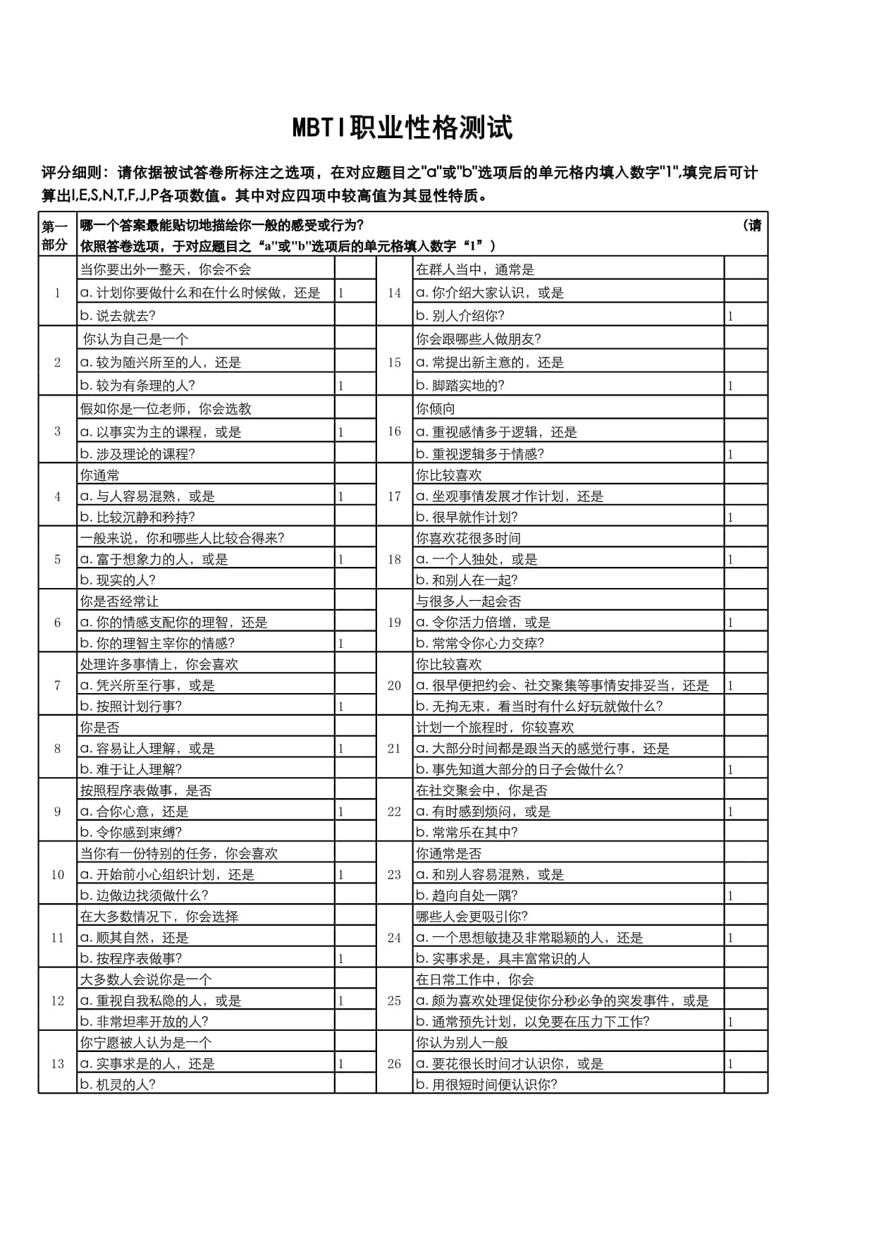 MBTI性格测试表格
