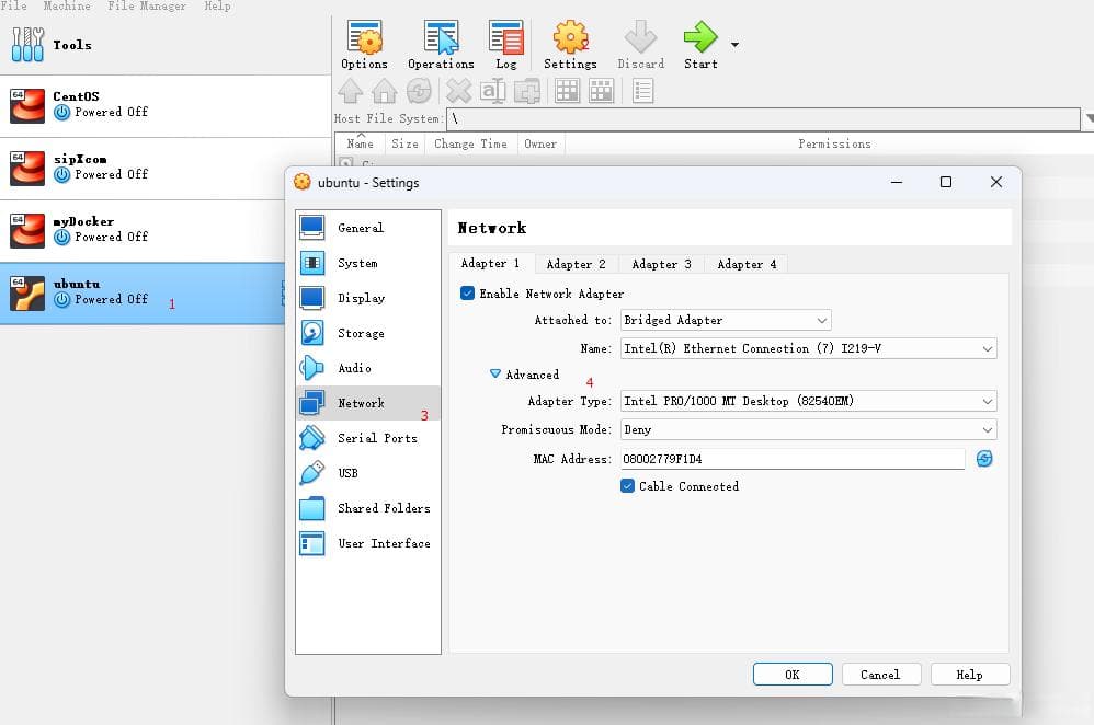 VirtualBox 中使用 桥接网卡 并设置 MAC 地址