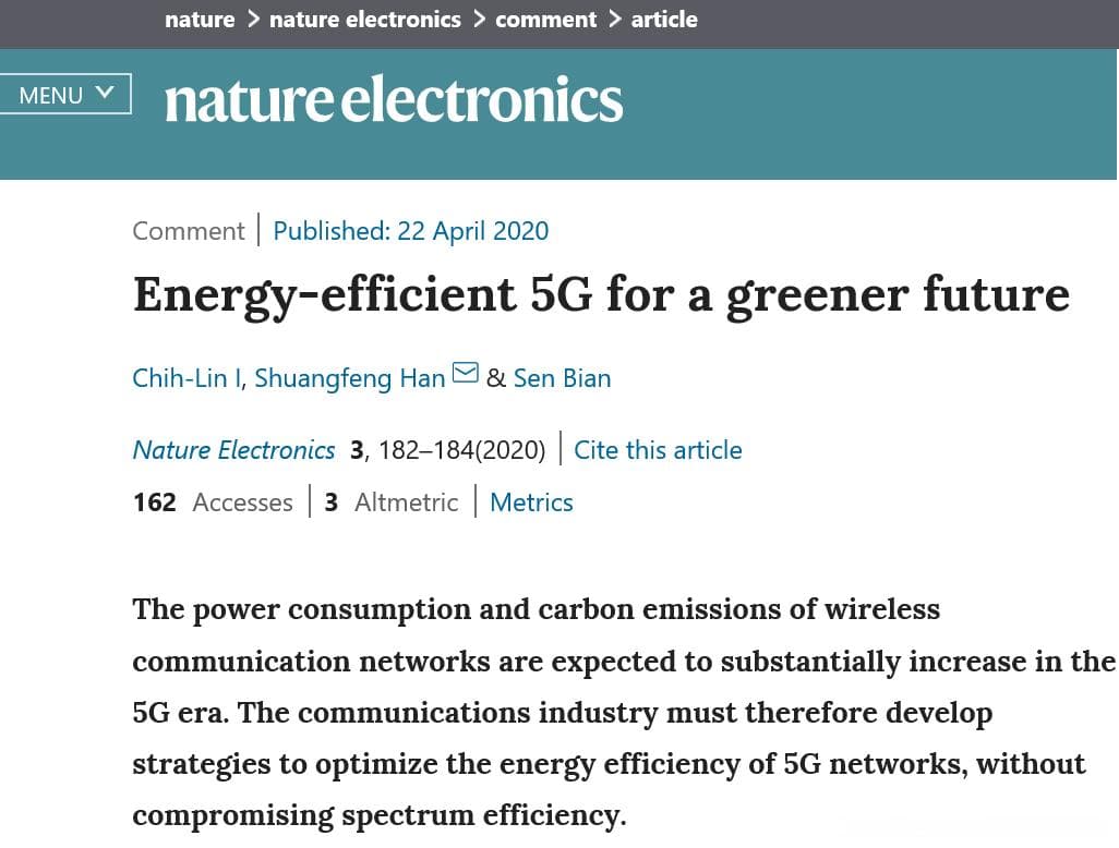 中国移动在Nature Electronics发表5G高能效通信技术文章