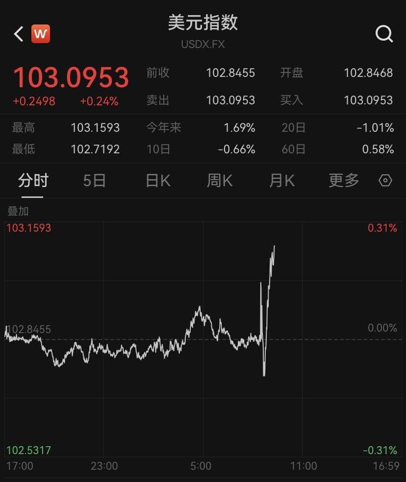 美国2月CPI同比上涨3.2%超预期，美元指数下跌后迅速拉升
