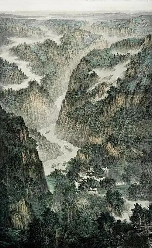 李小白作品赏析：江渚帆行山水秀，峡江晚渡暮云悠