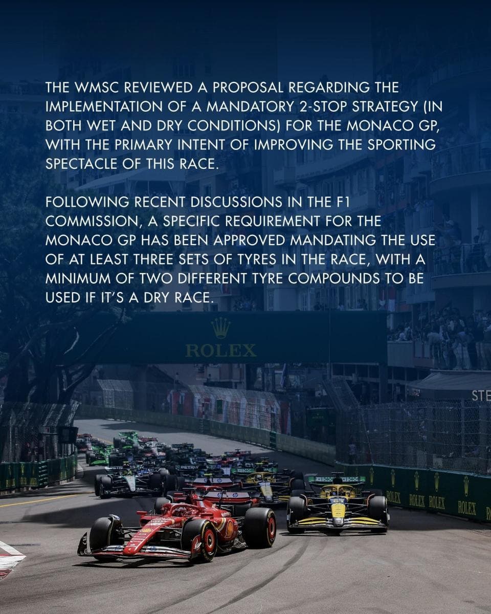 FIA：F1摩纳哥大奖赛将强制两停，以提高比赛观赏性