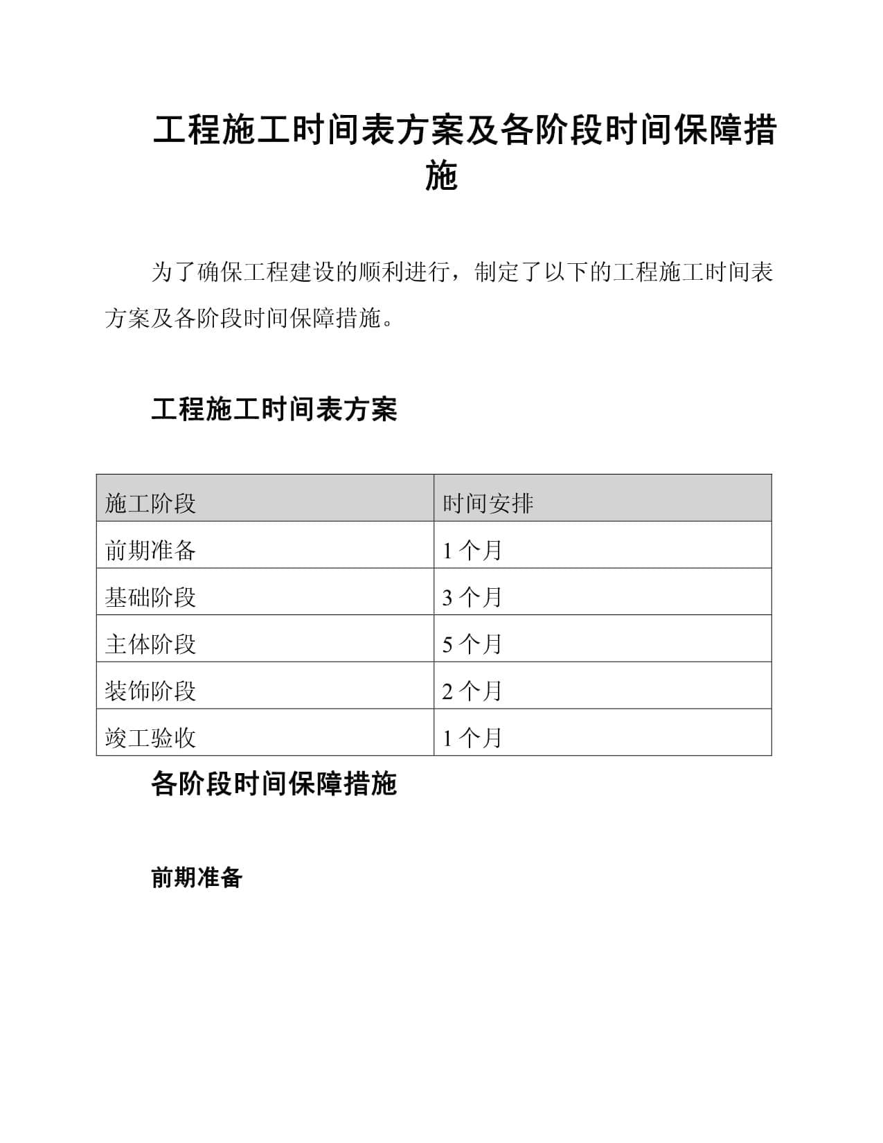 工程施工时间表方案及各阶段时间保障措施