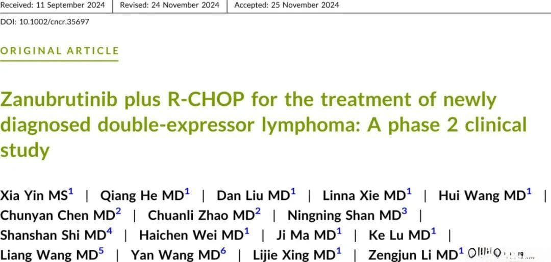 泽布替尼联合R-CHOP治疗双表达淋巴瘤：2期临床研究结果发布