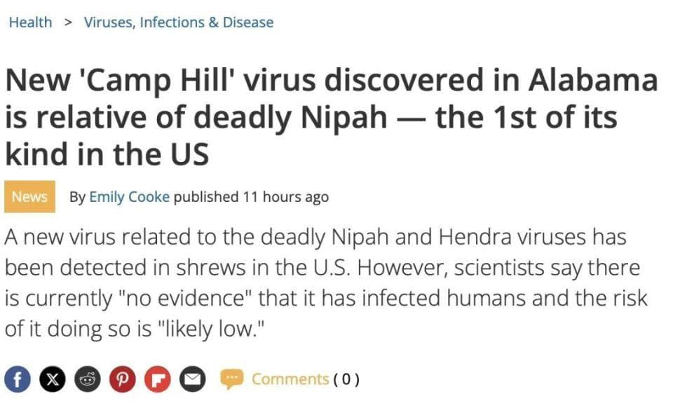 美国发现新型病毒，同属病毒死亡率最高达70%