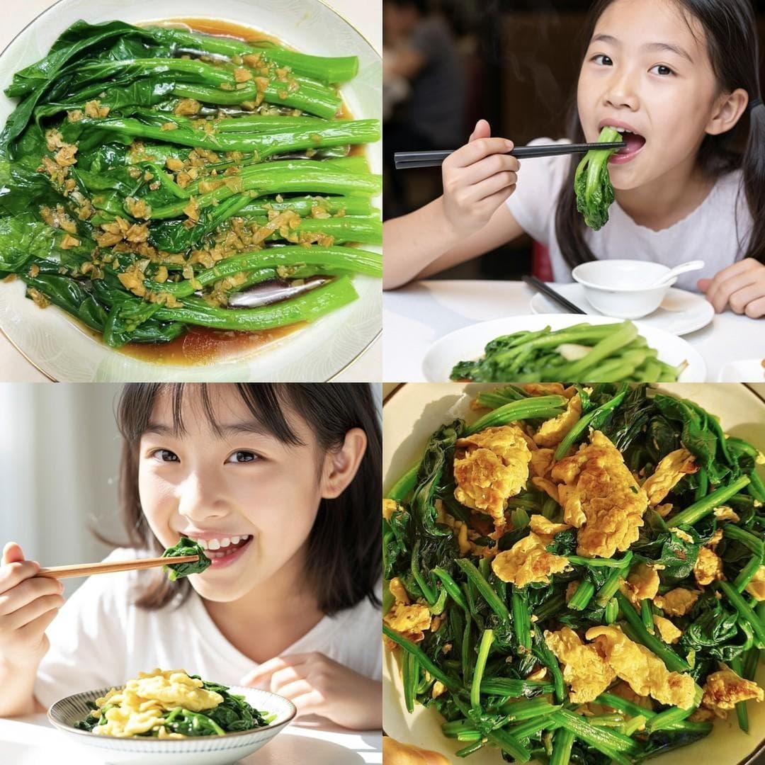 过大荤小荤后，给肠胃减负的美味选择：白灼菜心与菠菜炒蛋