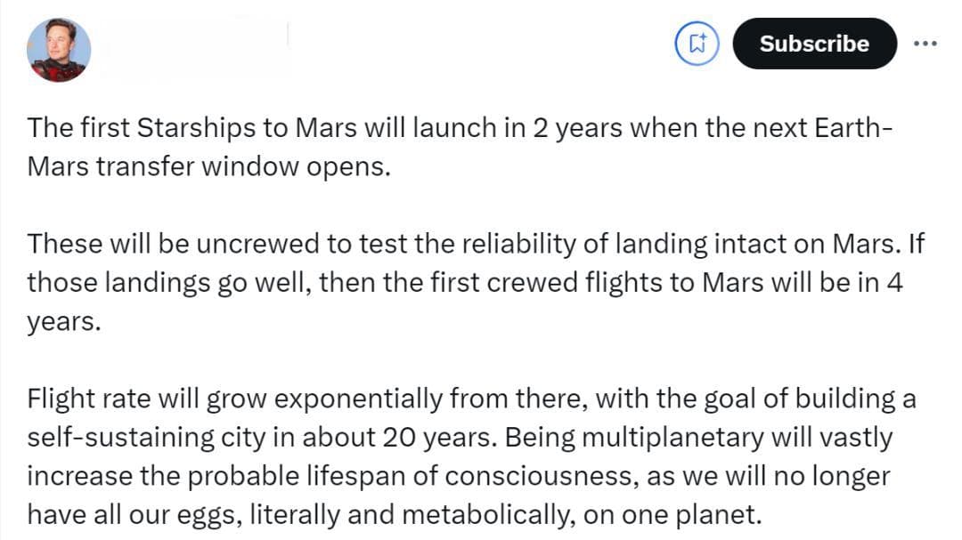 马斯克明确火星时间表：2年星舰起飞，4年载人飞行，20年内建立人类殖民地