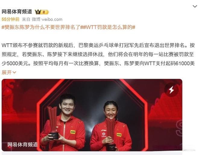 世界排名第一樊振东退出排名，抗议WTT新规引热议