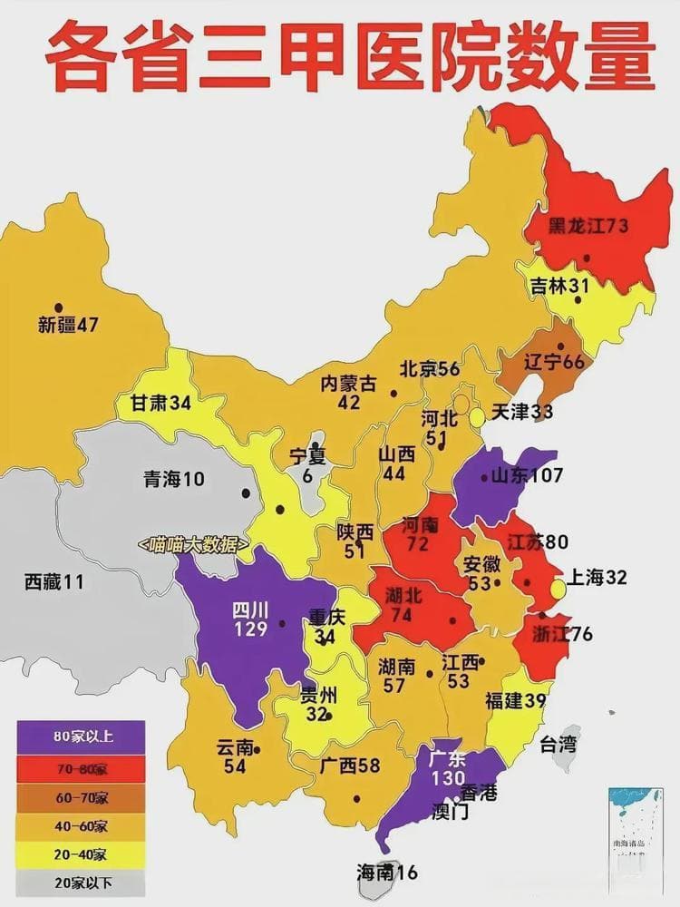 中国各省三甲医院数量排名：广东、四川、山东位列前三