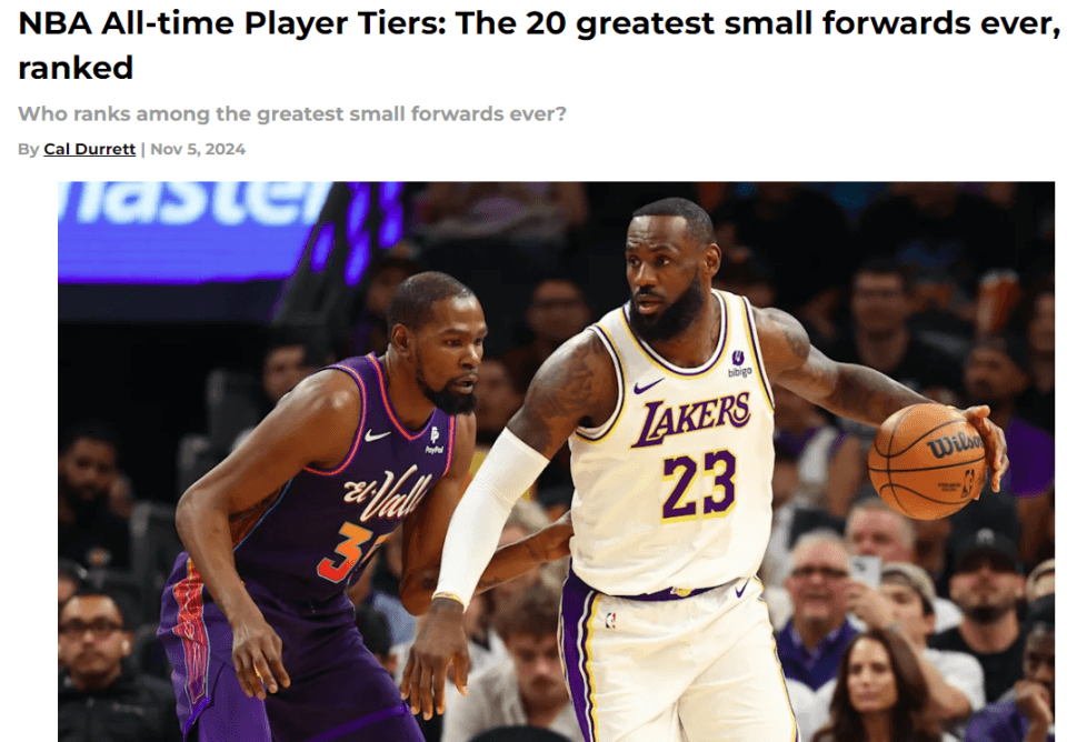 美媒评NBA小前历史TOP20：塔图姆14 杜兰特超伯德 榜首无悬念