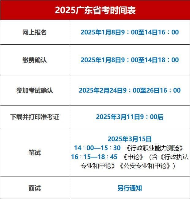 2025广东省考笔试时间及完整考试安排