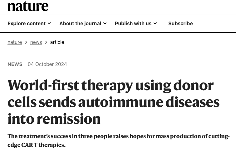 邦耀生物成果登上Nature头条！世界首个通用型CAR-T治疗自免疾病获得成功