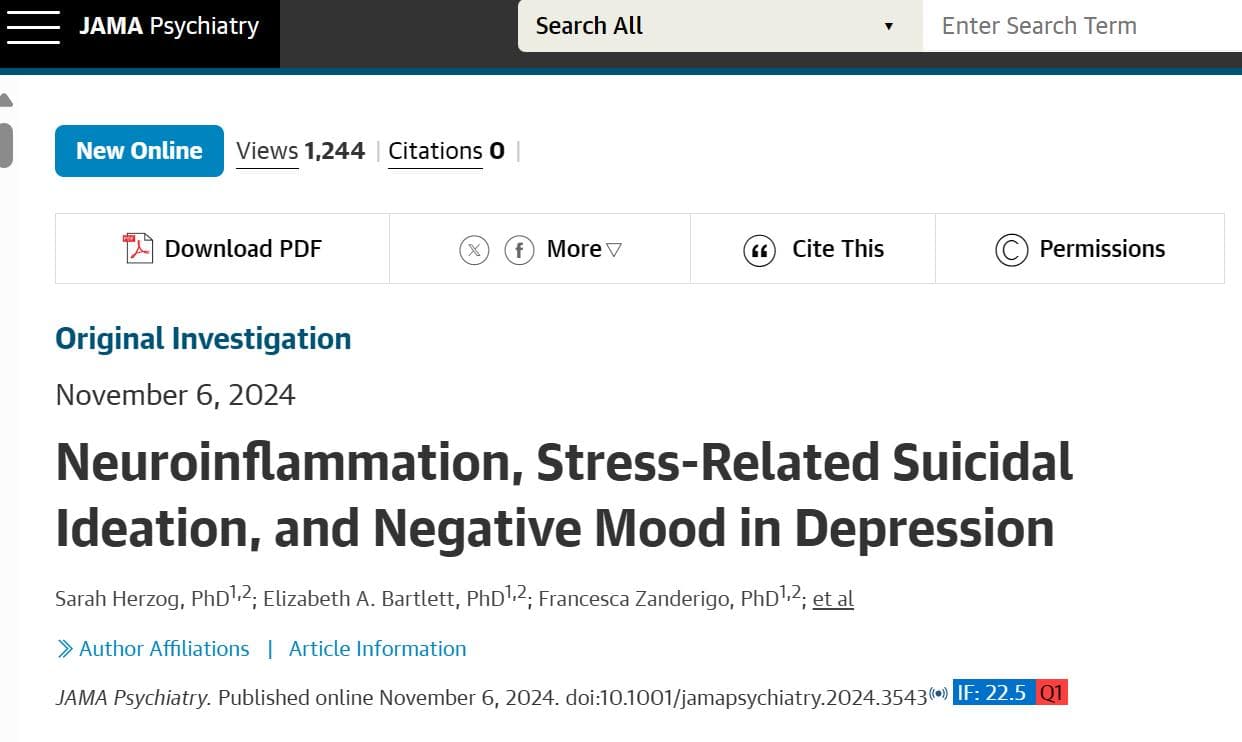 JAMA Psychiatry：抑郁症患者神经炎症、压力相关的自杀意念和负性情绪
