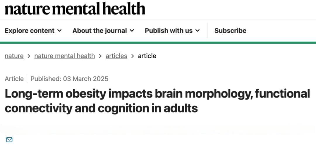 我国学者证实，长期肥胖损害大脑形态、连接和认知，而减肥可逆转伤害