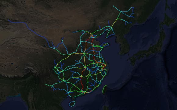 2025年1月全国高铁网车次密度示意图