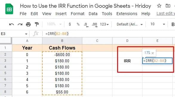 如何使用Google表格中的IRR函数