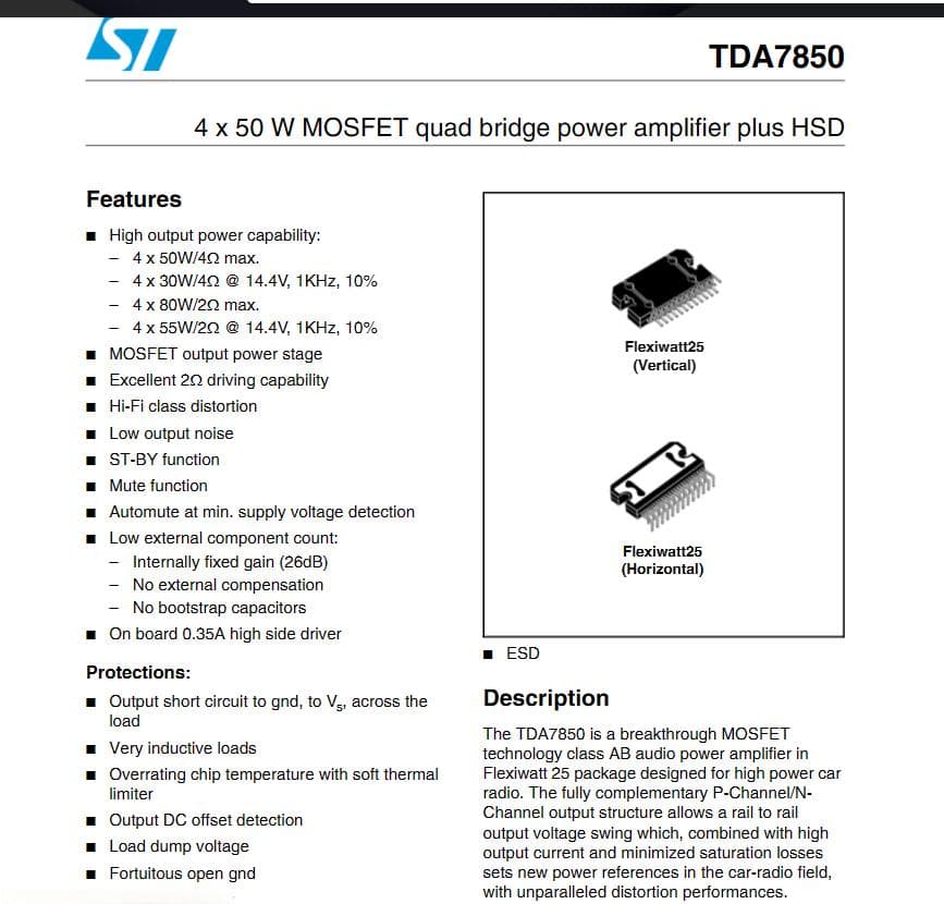 TDA7850的数据手册参数解读及应用示例分享