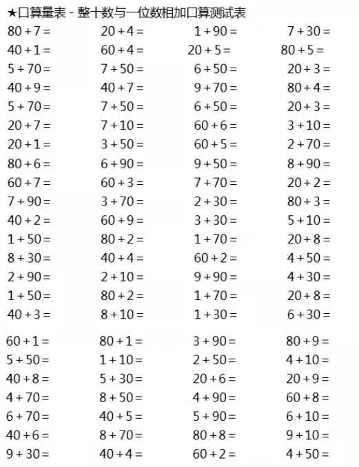 小学数学1-6年级口算能力快速提升训练(含答案)