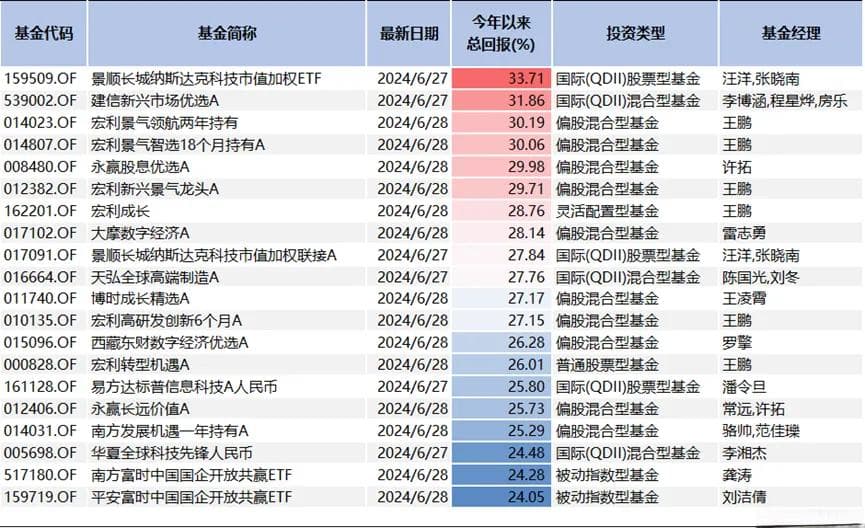 2024年上半年基金排行出炉，哪些基金表现最好？