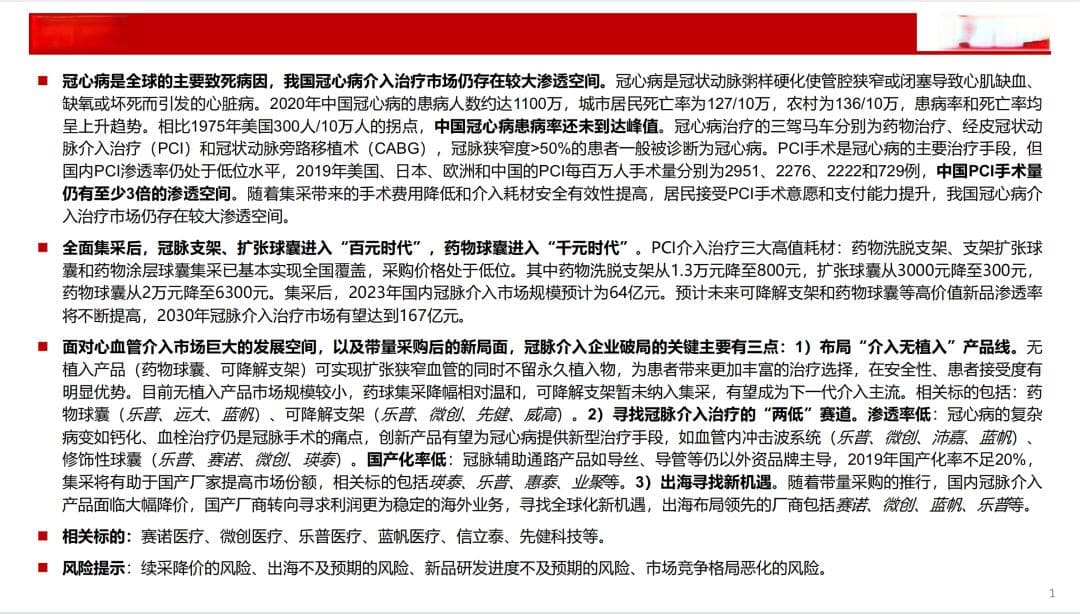 从冠心病看冠脉介入治疗演变和市场格局