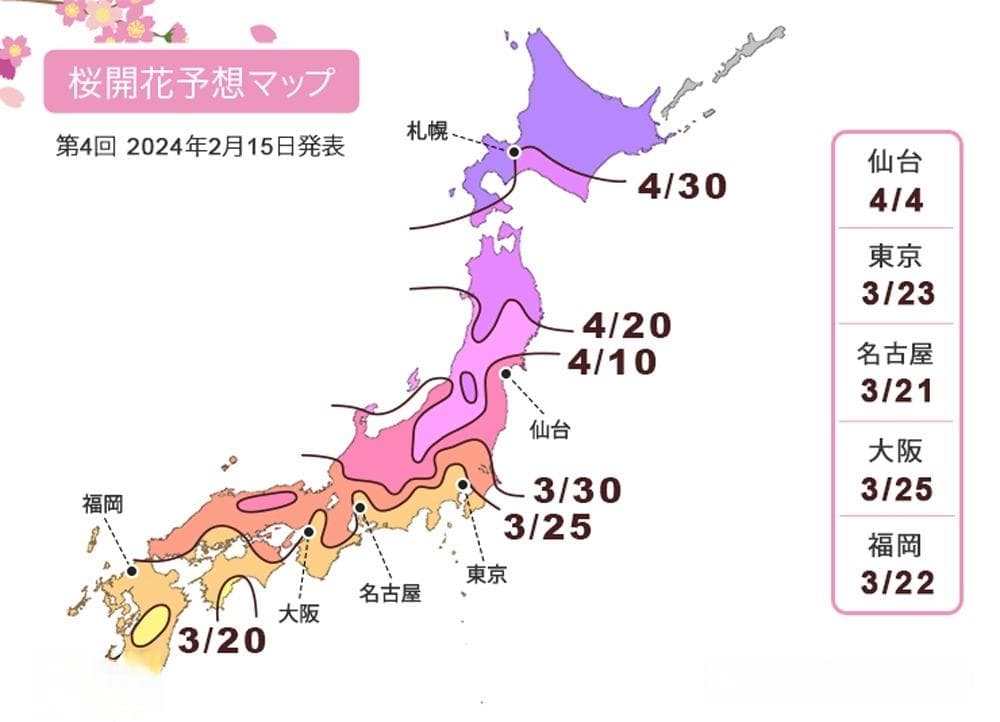 2024年日本樱花开花・盛开时间预测