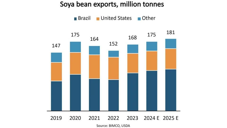 到 2025 年，全球大豆出口预计将增长 8%