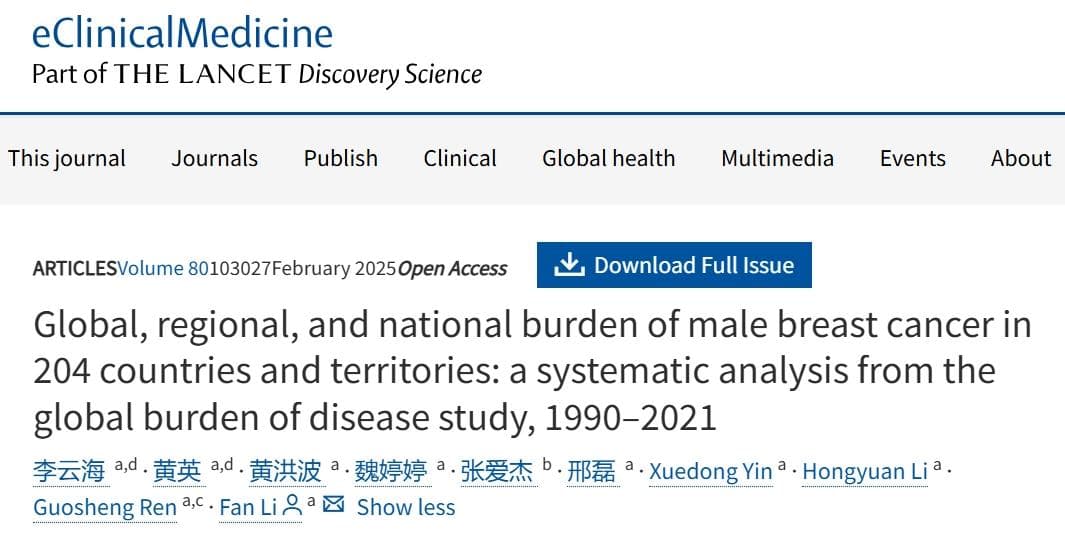 重庆医科大学李凡团队：全球男性乳腺癌疾病负担的30年系统分析