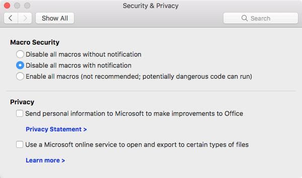 在 Office for Mac 中设置宏安全性的首选项