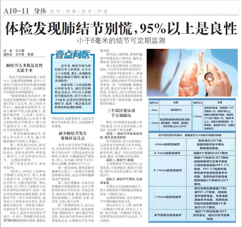 体检发现肺结节别慌,95%以上是良性，小于8毫米的可定期观察