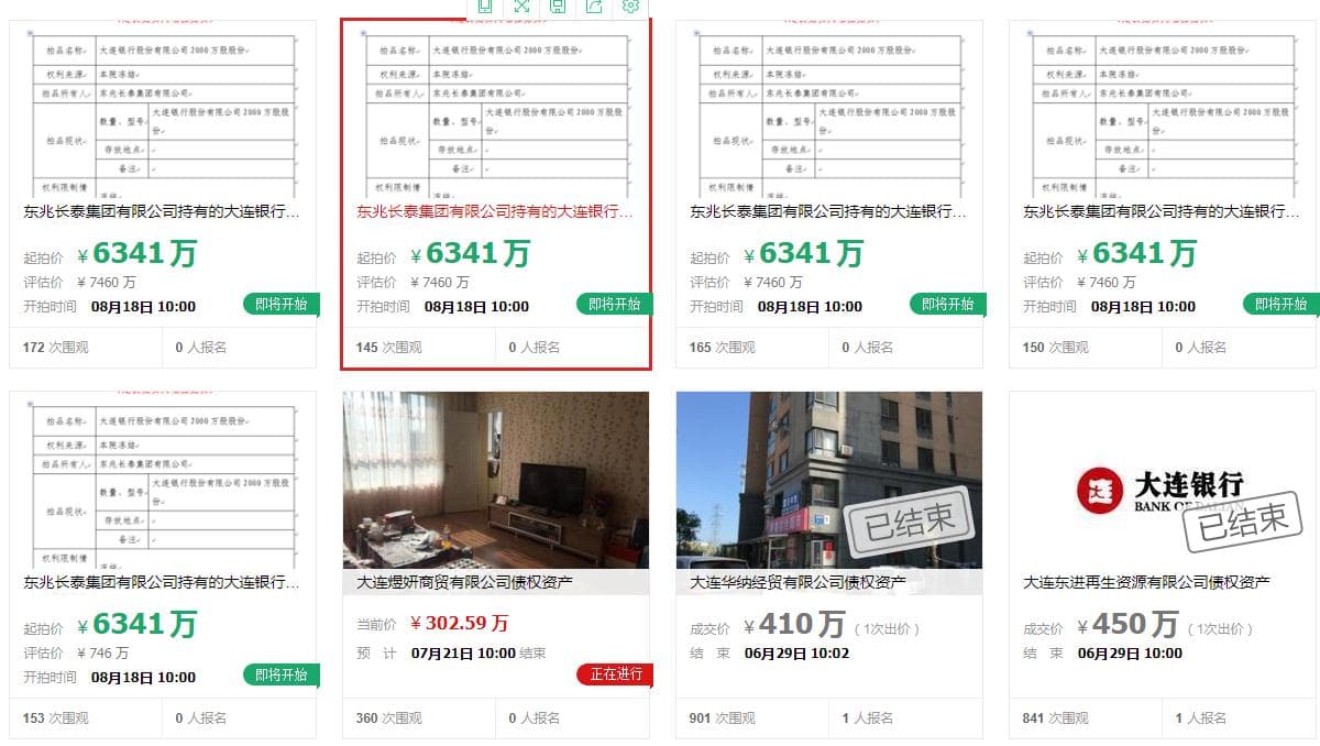 大连银行1亿股份遭拍卖 十大股东中七名股权质押